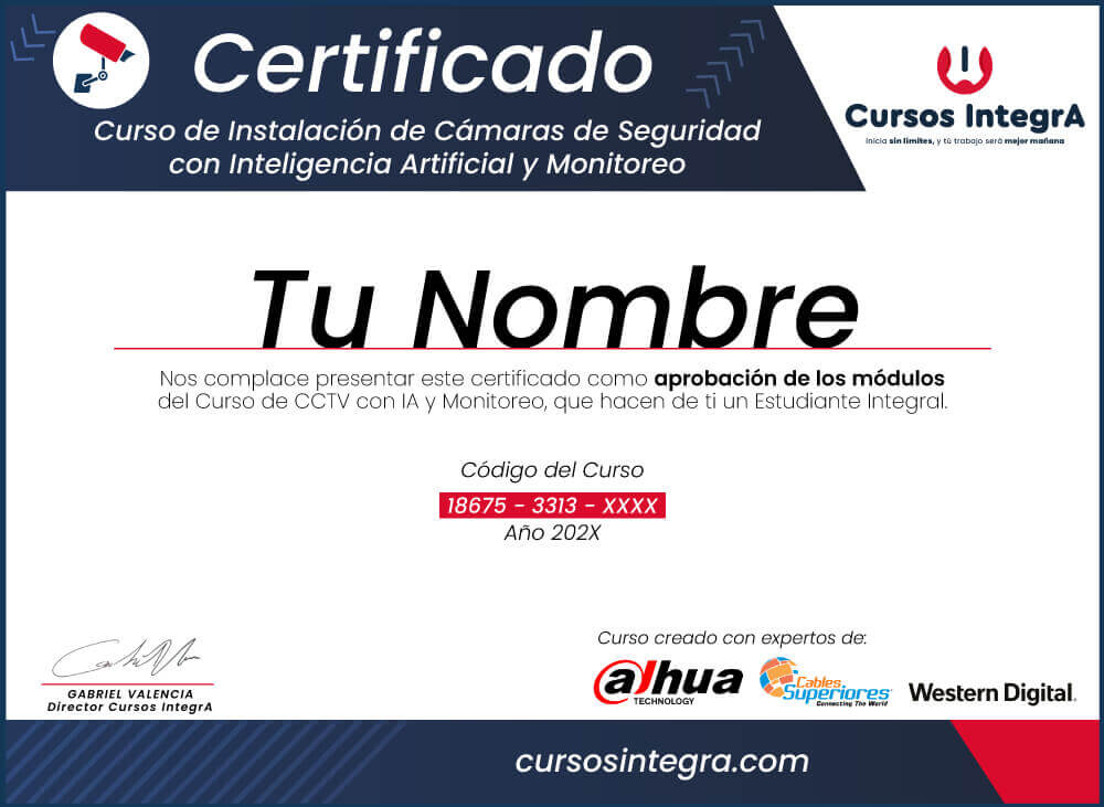 Certificado del curso de instalación y monitoreo de cámaras de seguridad CCTV con inteligencia artificial, respaldado por Dahua Technology, Western Digital y Cables Superiores